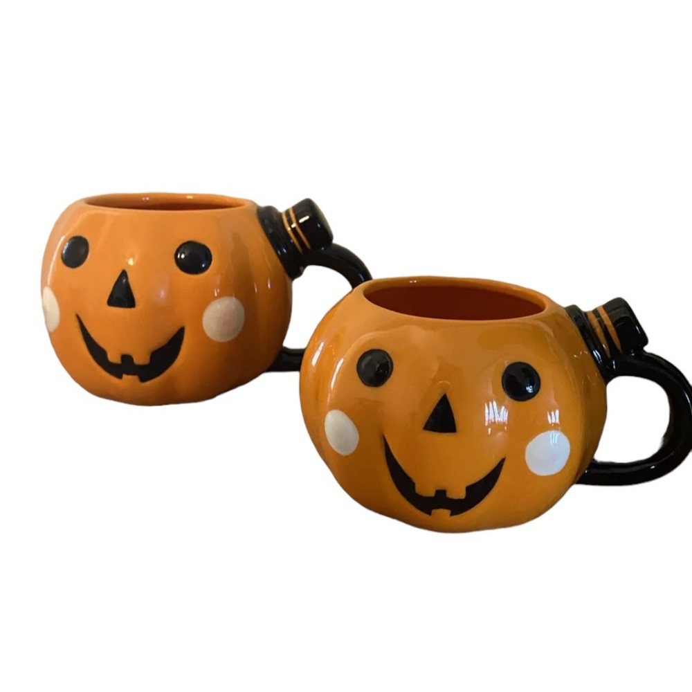 Hyde & Eek Pumpkin Mugs 6 oz Stop beware Halloween Mugs Set of 2